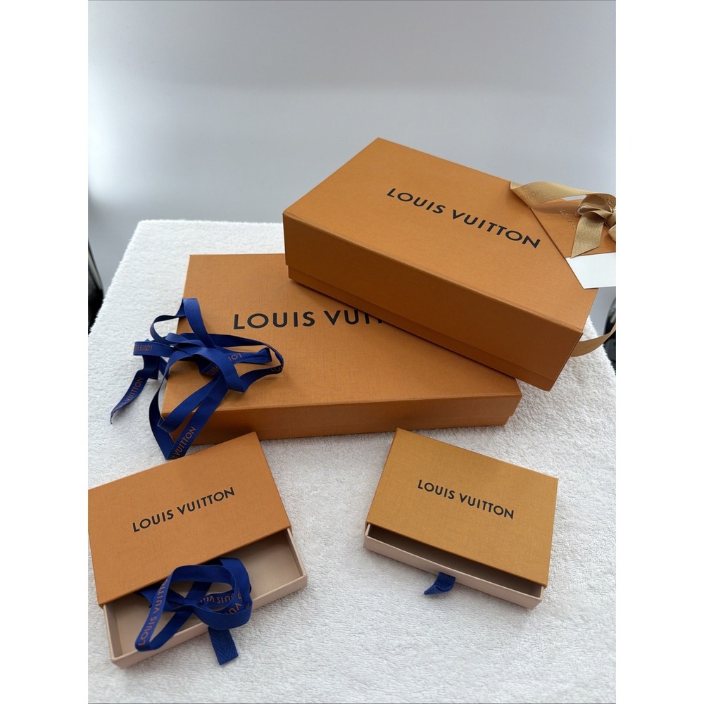 Empty Louis Vuitton Orange Gift Box Set of 4 w/ Blue Ribbon, Rectangle Cardboard